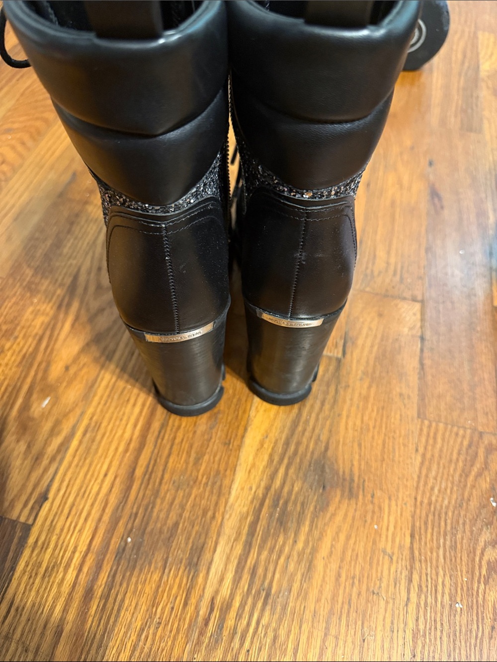 Michael Kors Black Glitter Lace-Up Combat Boots with Side Zipper - Picture 2 of 4
